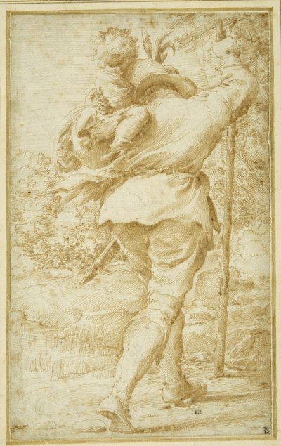 São Cristóvão transportando a Criança Cristo (caneta e tinta marrom sobre papel branco) de Pietro Faccini