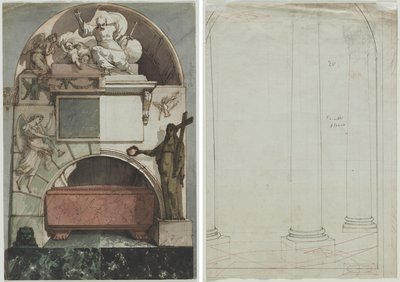 Projeto para um afresco de um túmulo de artista na Certosa de Bolonha (reto); Desenho Arquitetônico de Colunas (verso) de Pietro Fancelli