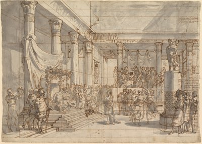 Timóteo tocando a lira diante de Alexandre e Thaïs no Salão do Palácio de Persépolis de Pietro Fancelli