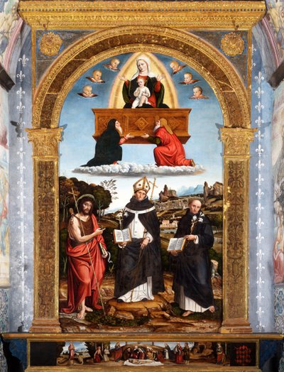 Odigitria Madonna com S. João Baptista, Antonino de Florença e Nicola da Tolentino, assinada e datada de Pietro Francesco (1485 1528) Sacchi