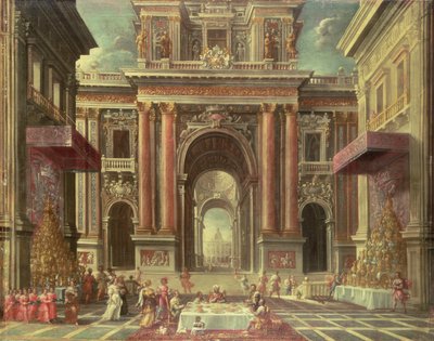 Festa magnífica no pátio de um palácio barroco (óleo sobre tela) de Pietro Francesco Garoli