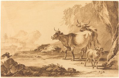 Paisagem com gado, uma cabra e um pastor descansando de Pietro Giacomo Palmieri
