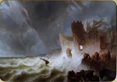 Lido solitario Marine landscape, com o navio apanhado na tempestade, e despenhado nas falésias. Pintura de Pietro Giuria (século XIX) Dim. 140x200 cm Genes Nervi, Galleria d