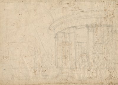 Fantasia arquitetônica em um templo redondo fechado com um ambulatório (verso) de Pietro Gonzaga
