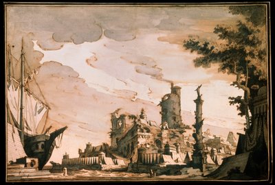 Sea Harbor, cenografia de uma peça de teatro, 1818. de Pietro Gonzaga