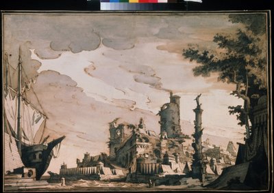 ""Vista de um Porto"" Decoração do Teatro. Aquarela de Pietro di Gottardo Gonzaga (1751-1831) 1818. Aquarela e tinta sobre papel. Moscou, Museu Pushkin de Pietro Gonzaga