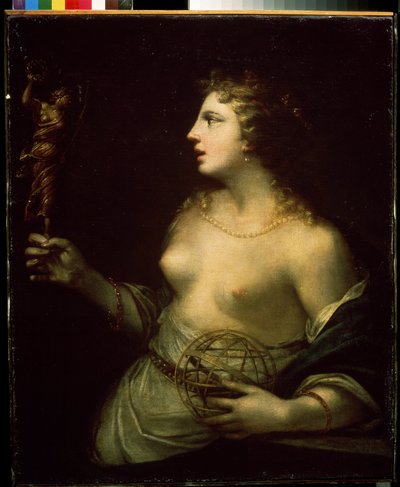 ""Urania"" (Urania) representação da musa protetora da astronomia e astrologia, segurando uma mão em uma esfera. Pintura de Pietro Liberi (1614-1687) Museu de Arte Mikhail Kroshitsky do século XVII, Sebastopol (Sevastopol) Ucrânia de Pietro Liberi