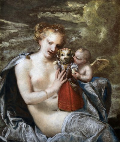 Vênus, Cupido e cachorrinho vestido de criança. de Pietro Liberi
