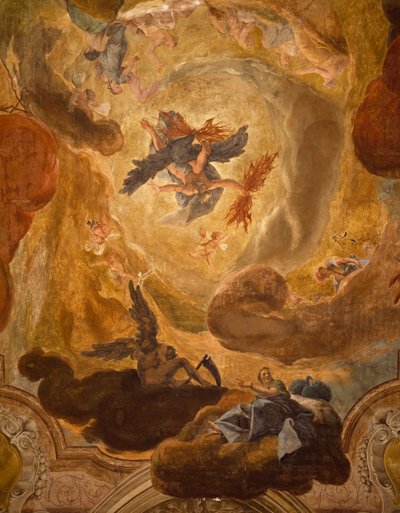 Itália, Veneza, Grand Staircase in Palazzo Sagredo, queda de gigantes, afresco de Pietro Longhi de Pietro Longhi