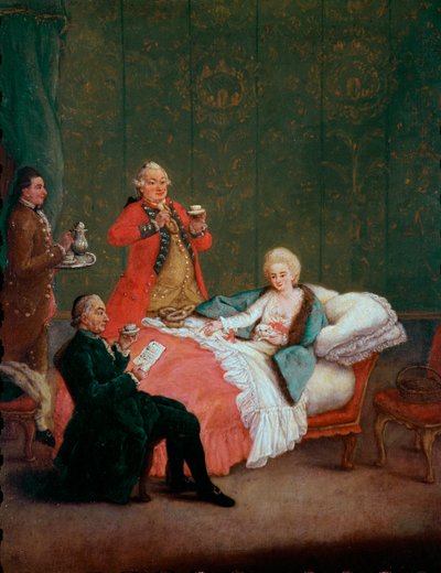 A jovem mulher da nobreza do chocolate da manhã jaz na sua cama, servida por três homens. Pintura de Pietro Longhi (1702-1785) 1775-1780. Dim. 60x47 cm Ca 