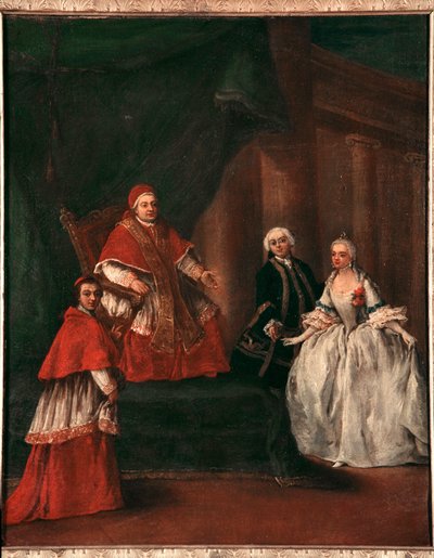 Representação do Papa Clemente XIII (1693-1769) com seu sobrinho Ludovico Rezzonico e sua esposa Faustina Savorgnan (Papa Clemente XIII com seu sobrinho Ludovico Rezzonico e sua esposa Faustina Savorgnan) Pintura de Pietro Longhi (1702-1785) 1758-1762 Dim  de Pietro Longhi