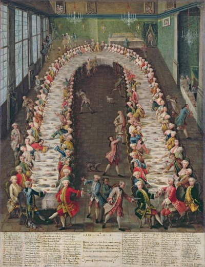 O banquete da Casa Nani, em homenagem ao convidado, Clemente Augusto, arcebispo eleito de Colônia, em 9 de setembro de 1755 de Pietro Longhi