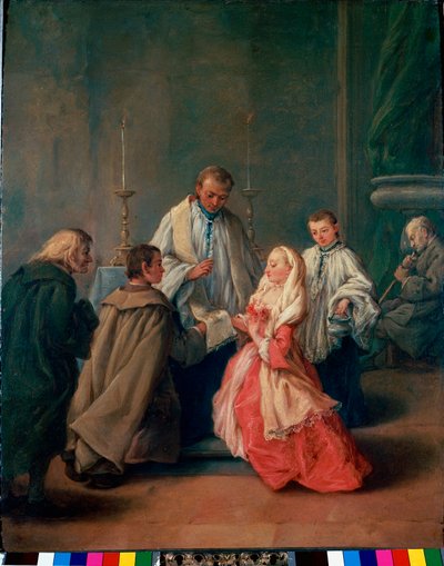Os Sacramentos: "Cerimónia de Casamento" Pintura de Pietro Longhi (Pietro Falca) (1702-1785) 1755 aproximadamente. Sol. 62x50 cm Veneza, Pinacoteca Querini-Stampalia de Pietro Longhi
