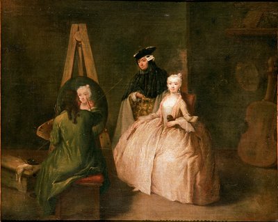 O estúdio do pintor O pintor em frente ao seu cavalete retrata uma jovem mulher. Pintura de Pietro Longhi (1702-1785) 1740-1745 Sol. 44x53 cm Veneza, Ca 