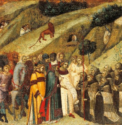 Primeiros eremitas carmelitas na Primavera de Elias, detalhe de predella de retábulo para Carmine, Pietro Lorenzetti (cerca de 1280-1348), tempera e ouro sobre painel de madeira de Pietro Lorenzetti