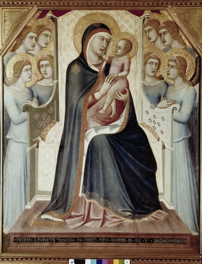 Madonna e a criança no trono com anjos (Tempera na madeira de Pietro Lorenzetti