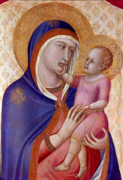 Madonna em glória Detalhe da Virgem tem o Menino em majestade entre anjos. Detrempe sobre madeira por Pietro Lorenzetti (1280-1348) 1340 Dim. 1,45x1,22 m Florença, Galeria Uffizi de Pietro Lorenzetti