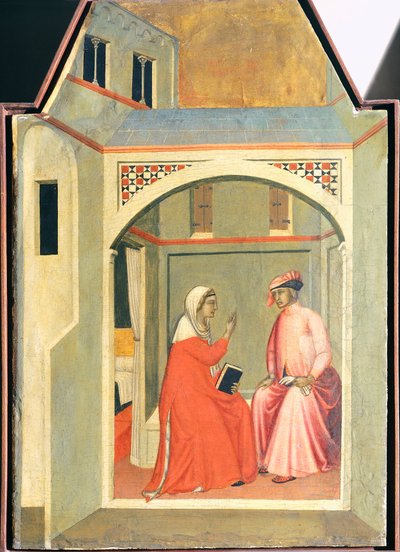 Rosana separa-se de seu marido Ugolotto para viver santo, azulejo do retábulo da Santíssima Humildade, de Pietro Lorenzetti (ca. 1280-1348), tempera e ouro sobre painel de madeira. de Pietro Lorenzetti