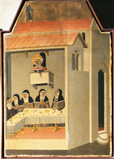 A Bem-Aventurada Humildade miraculosamente consegue ler no refeitório de Santa Perpétua, azulejo do retábulo da Bem-Aventurada Humildade de Pietro Lorenzetti (ca. 1280-1348), tempera e ouro sobre madeira de Pietro Lorenzetti