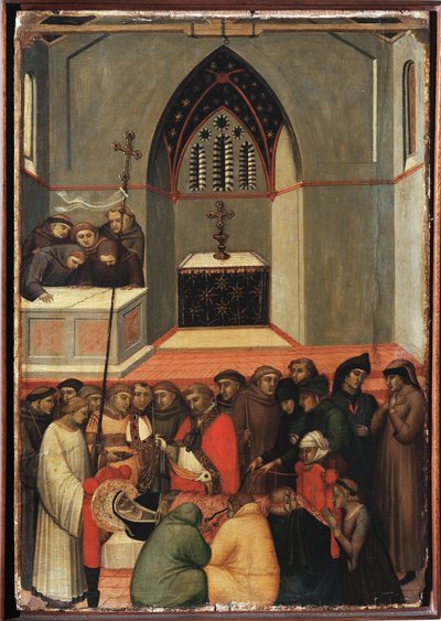 O corpo exumado da humildade está intocado (Políptico da vida de Santa Humildade) - Detrempe na madeira do século XIV de Pietro Lorenzetti