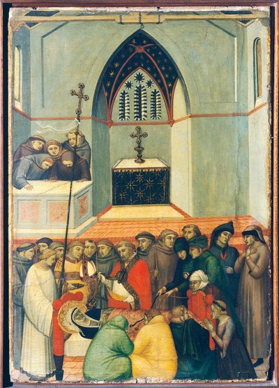 O corpo exumado do beato é encontrado intacto e fresco, azulejo sobre o retábulo da Humildade abençoada, de Pietro Lorenzetti (ca. 1280-1348), tempera e ouro sobre painel de madeira. de Pietro Lorenzetti