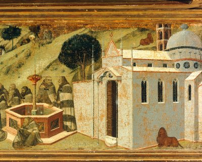 Os primeiros eremitas carmelitas na Primavera de Elias, detalhe de predella de retábulo para Carmine, Pietro Lorenzetti (ca. 1280-1348), tempera e ouro sobre madeira, Pinacoteca Nazionale, Siena de Pietro Lorenzetti