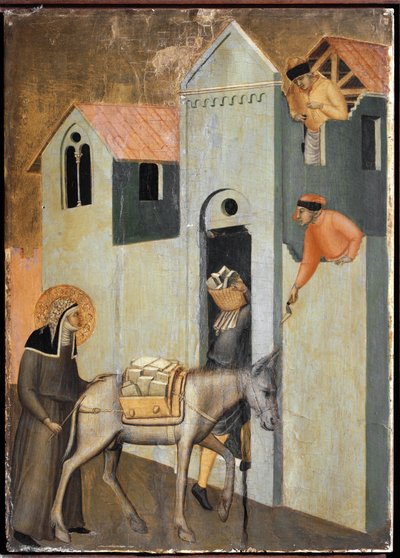 O santo traz tijolos para construir um novo convento em Florença (detalhe da vida políptica de Santa Humildade) - Detrempe sobre madeira de Pietro Lorenzetti
