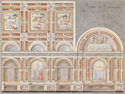 Estudo do afresco de Giacomo Cordella no interior da Chiesa della Pieta, Fermo (lápis, caneta e tinta marrom & w - c no papel) de Pietro Lucchini