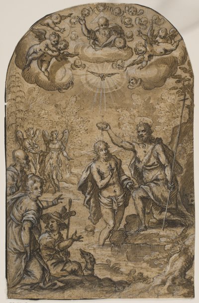 O Batismo de Cristo com Deus Pai e anjos entre nuvens de Pietro Mera