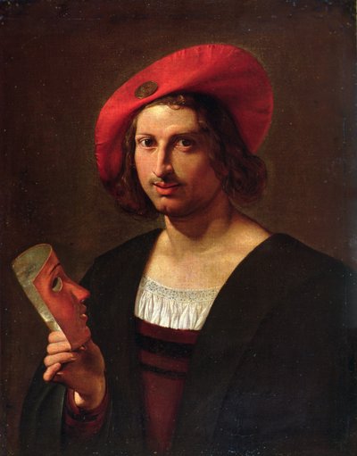 Retrato de um jovem usando um chapéu com um distintivo, segurando uma máscara (óleo sobre tela) de Pietro Paolini