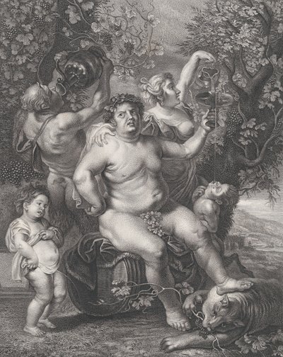 Baco sentado em barril em frente a videiras, com bacantes, sátiros e crianças..., 1758. de Pietro Peiroleri