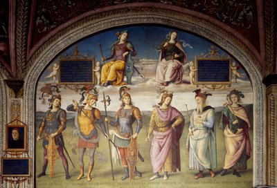 Alegorias de Fortitude e Temperança com Seis Heróis Antigos de Pietro Perugino