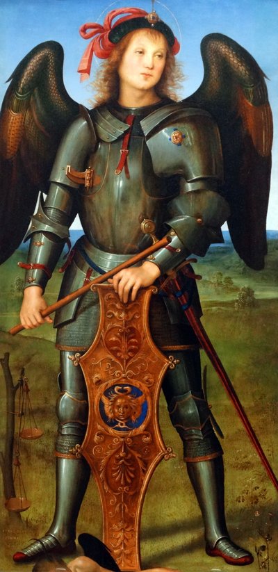 Detalhe do quadro intitulado "A Virgem e o Menino com um Anjo, o Arcanjo Rafael com Tobias e o Arcanjo Miguel". de Pietro Perugino