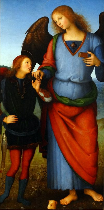 Detalhe do quadro intitulado "A Virgem e o Menino com um Anjo, o Arcanjo Rafael com Tobias e o Arcanjo Miguel". de Pietro Perugino