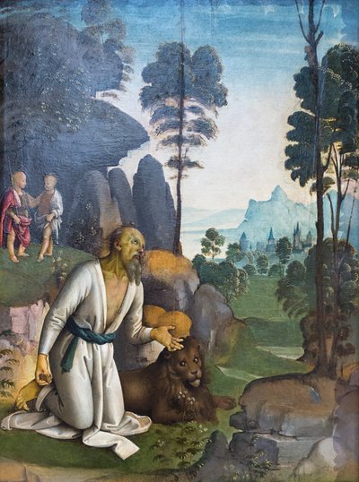 O penitente santo Jerónimo com o menino Jesus e o santo João Baptista quando criança (óleo sobre painel) de Pietro Perugino