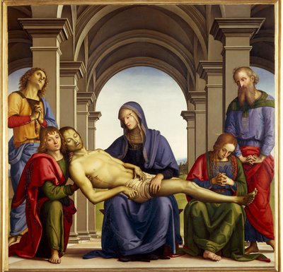 Pieta são retratadas ao redor do corpo de Jesus Cristo: São José de Arimatéia, São Nicodema, Santa Maria Madalena, São João e a Virgem Maria. Pintura de Pietro di Cristoforo Vannucci dit Le Perugin (Il Perugino de Pietro Perugino
