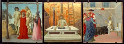 São Jerônimo apoiando dois jovens injustamente enforcados, "Cristo no túmulo" e "São Jerônimo ressuscitando o Cardeal Andrea". Pintura sobre madeira atribuída a Pietro Vannucci dit il Perugino (Le Perugin de Pietro Perugino