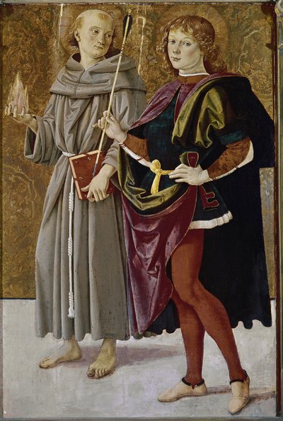 São Bernardino de Feltre e São Sebastião (tempera sobre madeira, c.1476) de Pietro Perugino