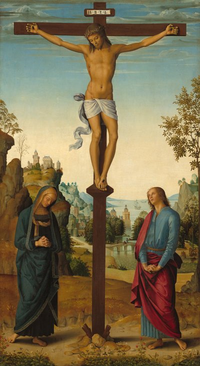 A Crucificação com a Virgem, São João, São Jerônimo e Santa Maria Madalena [painel do meio] de Pietro Perugino