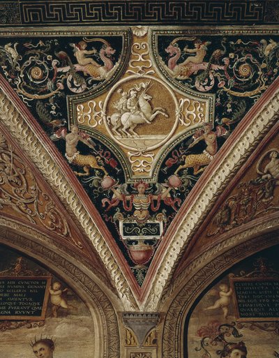 Decoração do tecto Warriors On Horseback. Pintura de Perugino (Pietro Vannucci chamado de Pietro Perugino