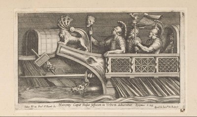 Soldados em um barco Maxenty Caput Hasta sufixo em Urbe in advenitur (título no objeto) História do Imperador Constantino (título da série) de Pietro Sante Bartoli