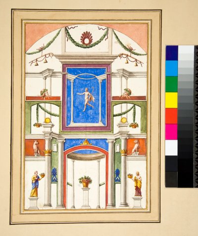 Uma parede decorada (giz preto, alguns com caneta e tinta castanha. cor com aguarela) de Pietro Santi Bartoli