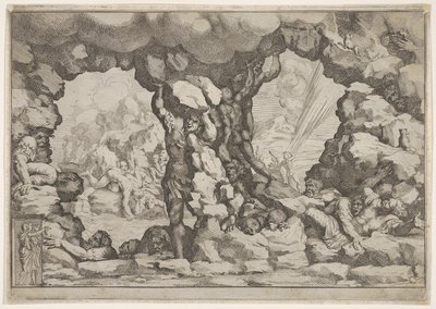 Um gigante levantando uma pedra no centro, outros gigantes para a esquerda e direita lutando e rec ..., ca. 1680 de Pietro Santi Bartoli