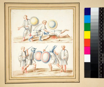 Cópia de um mosaico de Dois cenários gladiatórios (giz preto, alguns com caneta e tinta castanha. cor com aguarela) de Pietro Santi Bartoli
