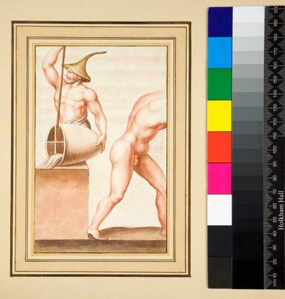 Cópia de um mosaico de um homem com tampa pontiaguda escorrendo de um vaso. (giz preto, alguns com caneta e tinta marrom. colorido com aquarela) de Pietro Santi Bartoli
