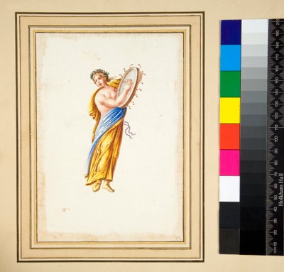 Figura drapeada batendo num tambor (giz preto, alguns com caneta e tinta marrom. cor com aquarela) de Pietro Santi Bartoli