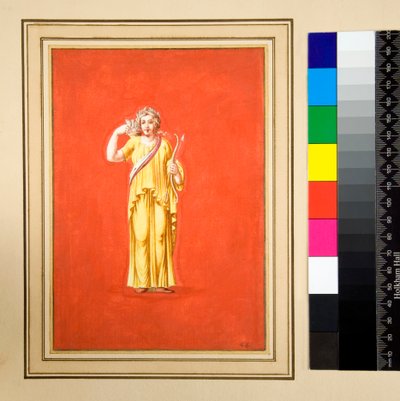 Figura feminina em amarelo, arco e flecha na mão direita (giz preto, alguns com caneta e tinta marrom. cor com aquarela) de Pietro Santi Bartoli