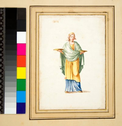 Figura feminina sobre pedestal (giz preto, alguns com caneta e tinta marrom. cor com aquarela) de Pietro Santi Bartoli