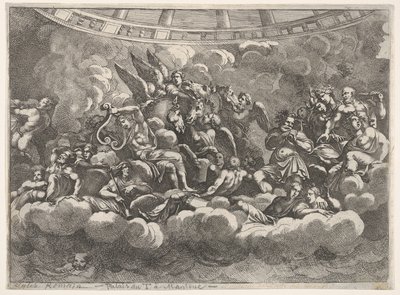 Encontro de vários deuses olímpicos e figuras mitológicas entre nuvens, Apolo na ce ..., ca. 1680 de Pietro Santi Bartoli