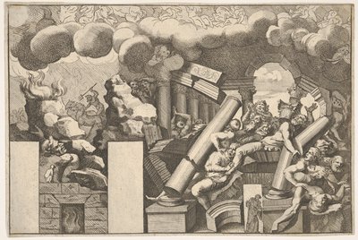 Gigantes esmagados por pedras e as colunas que caem do templo, nuvens de fumaça acima ..., ca. 1680 de Pietro Santi Bartoli